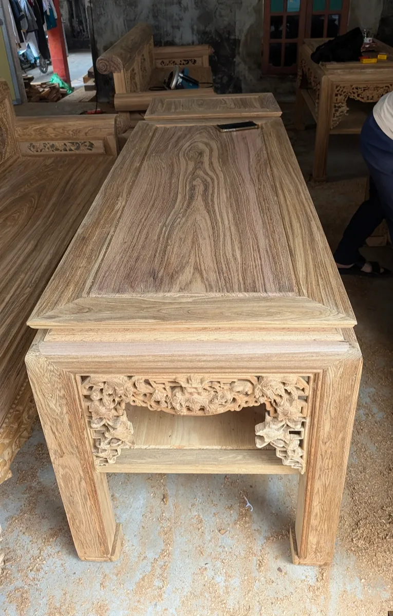 Bộ Trường Kỷ Gỗ Gụ Lào Chân Vấu Dài 2m37 - Hàng Đặt Dày Dặn, Vân Tuyển Chọn - Đồ Gỗ Trọng Hiếu