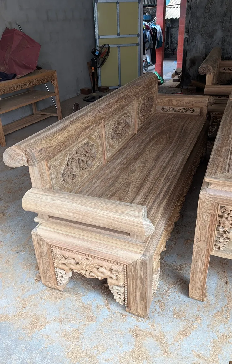 Bộ Trường Kỷ Gỗ Gụ Lào Chân Vấu Dài 2m37 - Hàng Đặt Dày Dặn, Vân Tuyển Chọn - Đồ Gỗ Trọng Hiếu