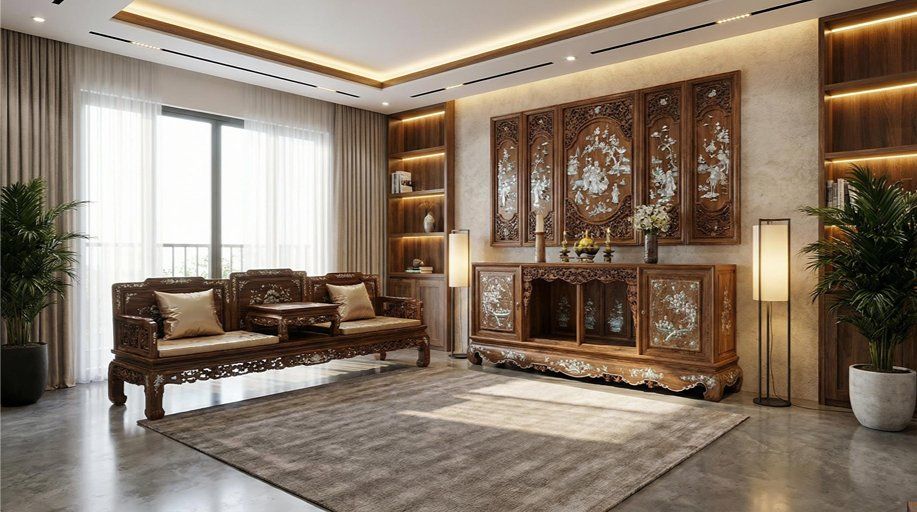 Tủ Chè Khảm Ốc Gỗ Gụ – Ốc Đỏ Lửa Vàng Chanh VIP - Đồ Gỗ Trọng Hiếu